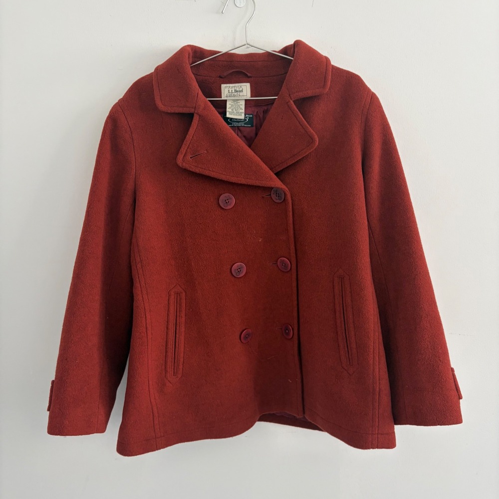 LL Bean 100% Wool Peacoat Jacket Red Double Breasted 18-PET 260344